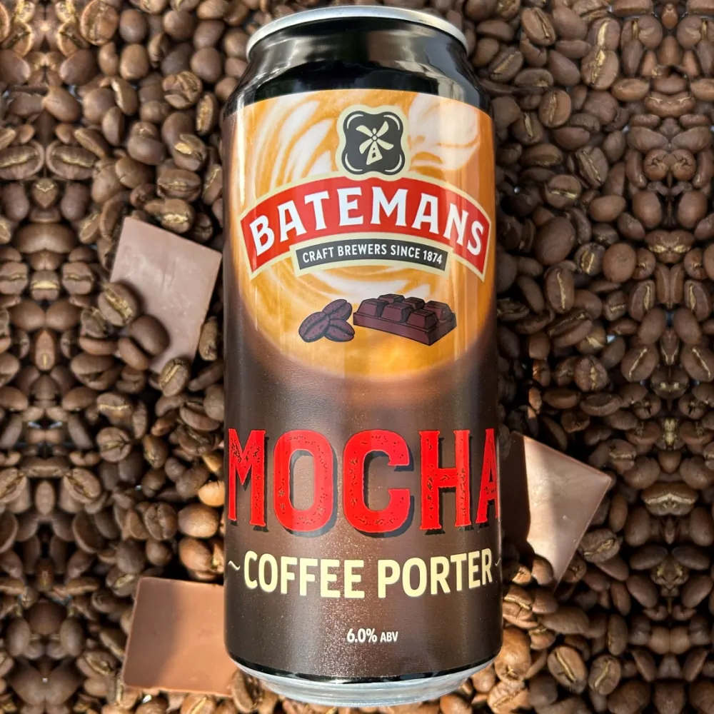 Batemans Mocha - Can Beer Lifestyle Photo - laying on Coffee Beans and Chocolate